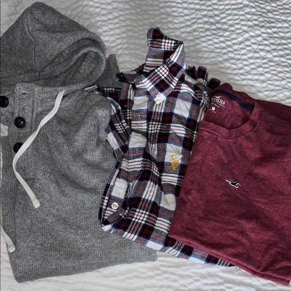 Hollister Other - Hollister Polo Assn H&M Gray Blue Plaid Flannel Maroon Tee Gray Hoodie T Shirt S